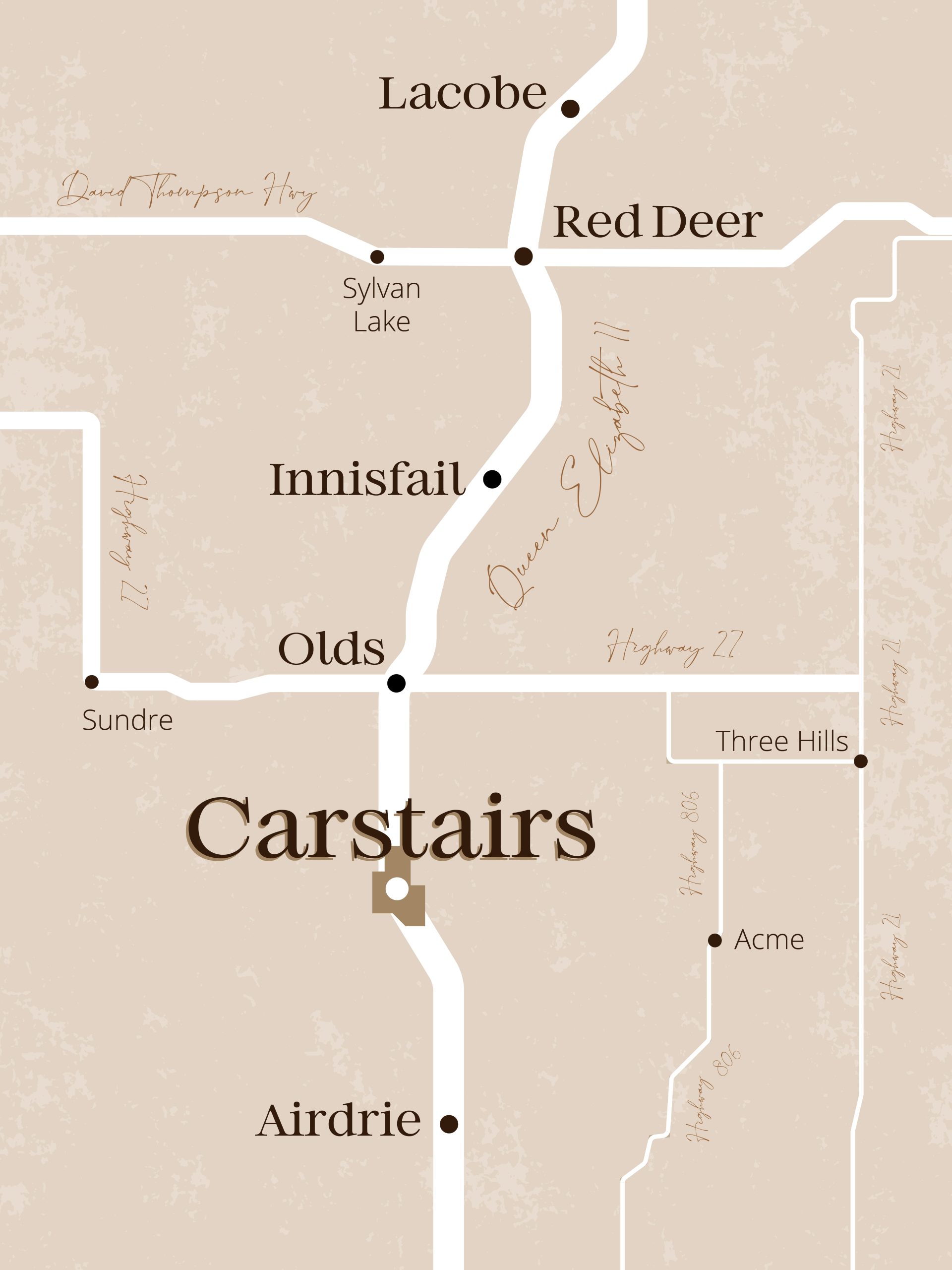 Map of Central Alberta cities